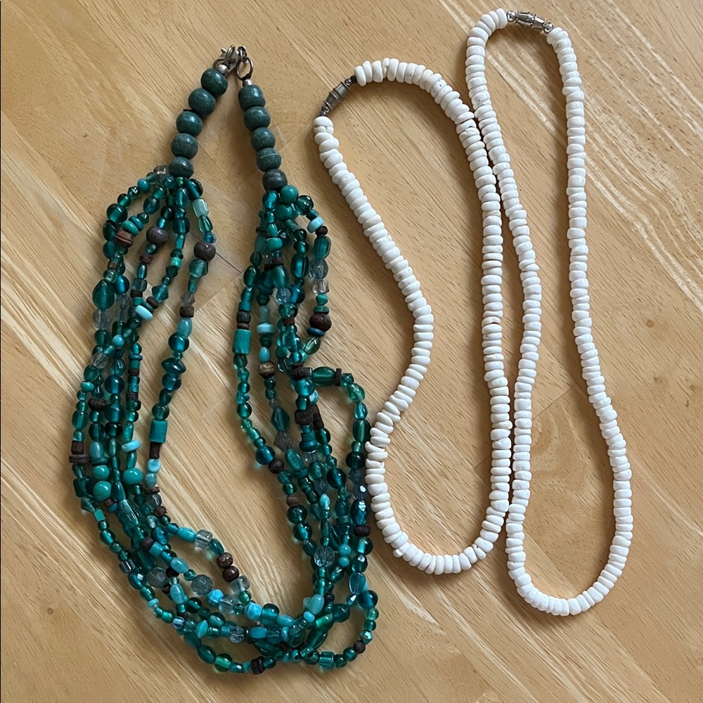 Turquoise/aqua beaded necklace and white natural puka shell necklace set